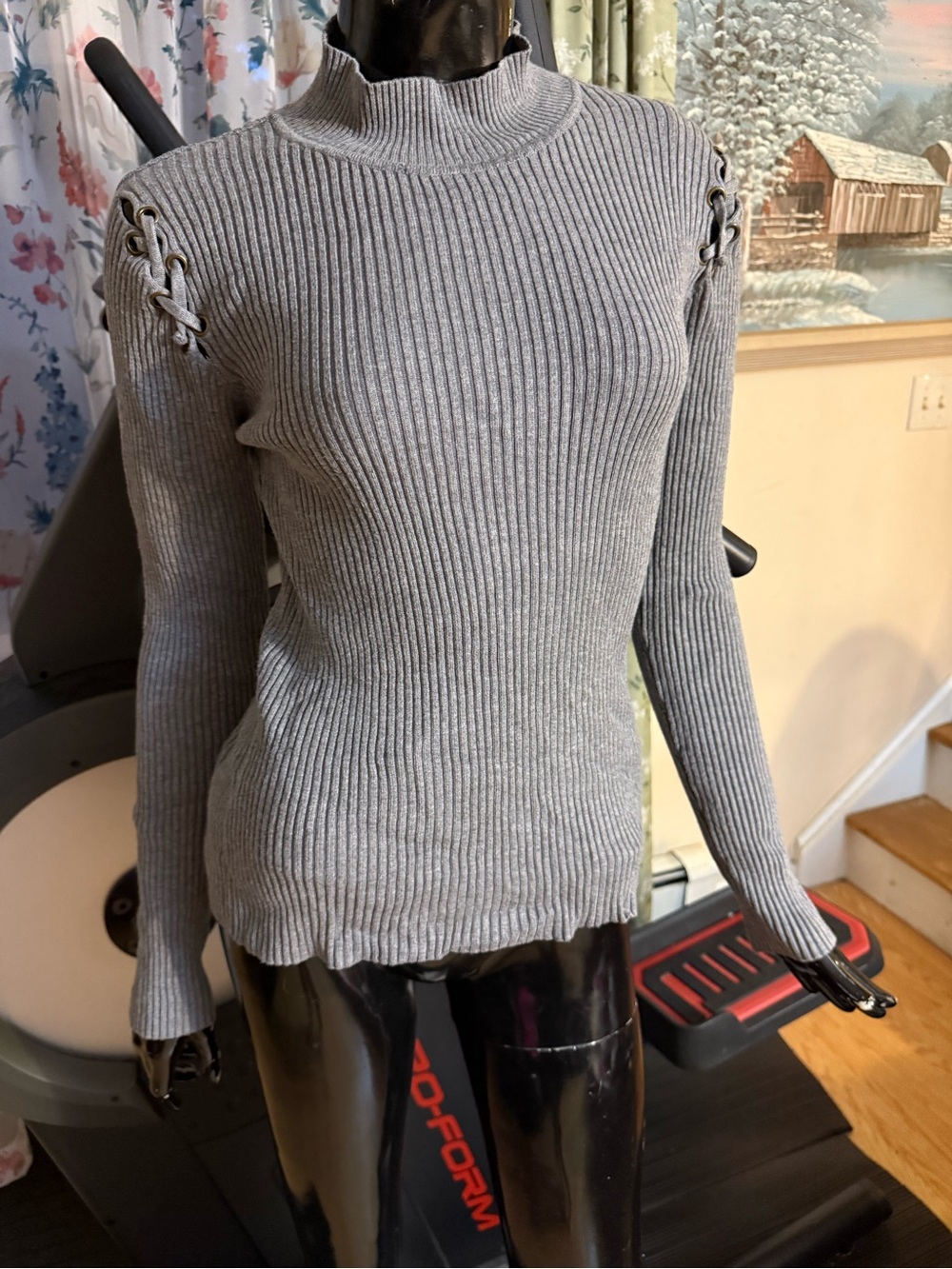Harve Benard Grey Ribbed Mock Neck Sweater with Lace-Up Shoulders